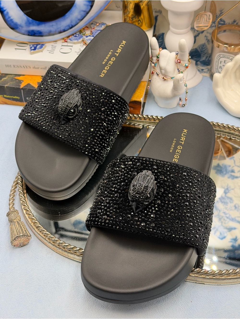🆕 KURT GEIGER LONDON 🧿 NWOB Brockwell Strass Black Crystal Slide Sandal